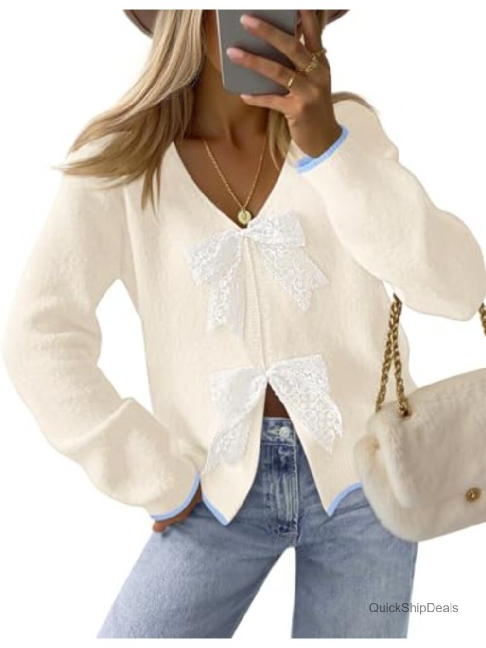 Women's Chunky Knit Tie Front Bow Cardigan Long Sleeve V-Neck Sweater